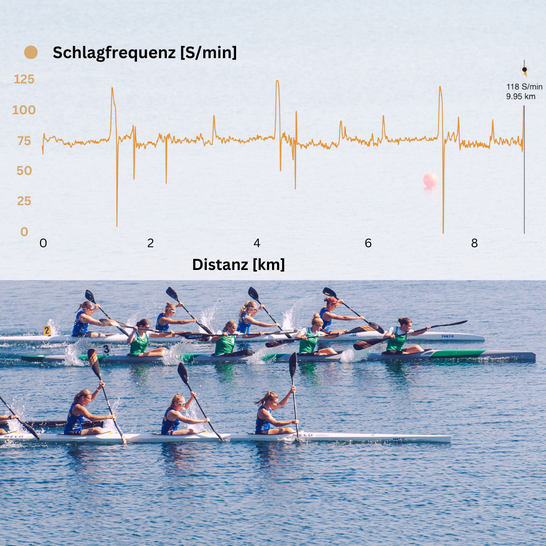 Stroke rate as a function of distance is displayed for an entire training session.