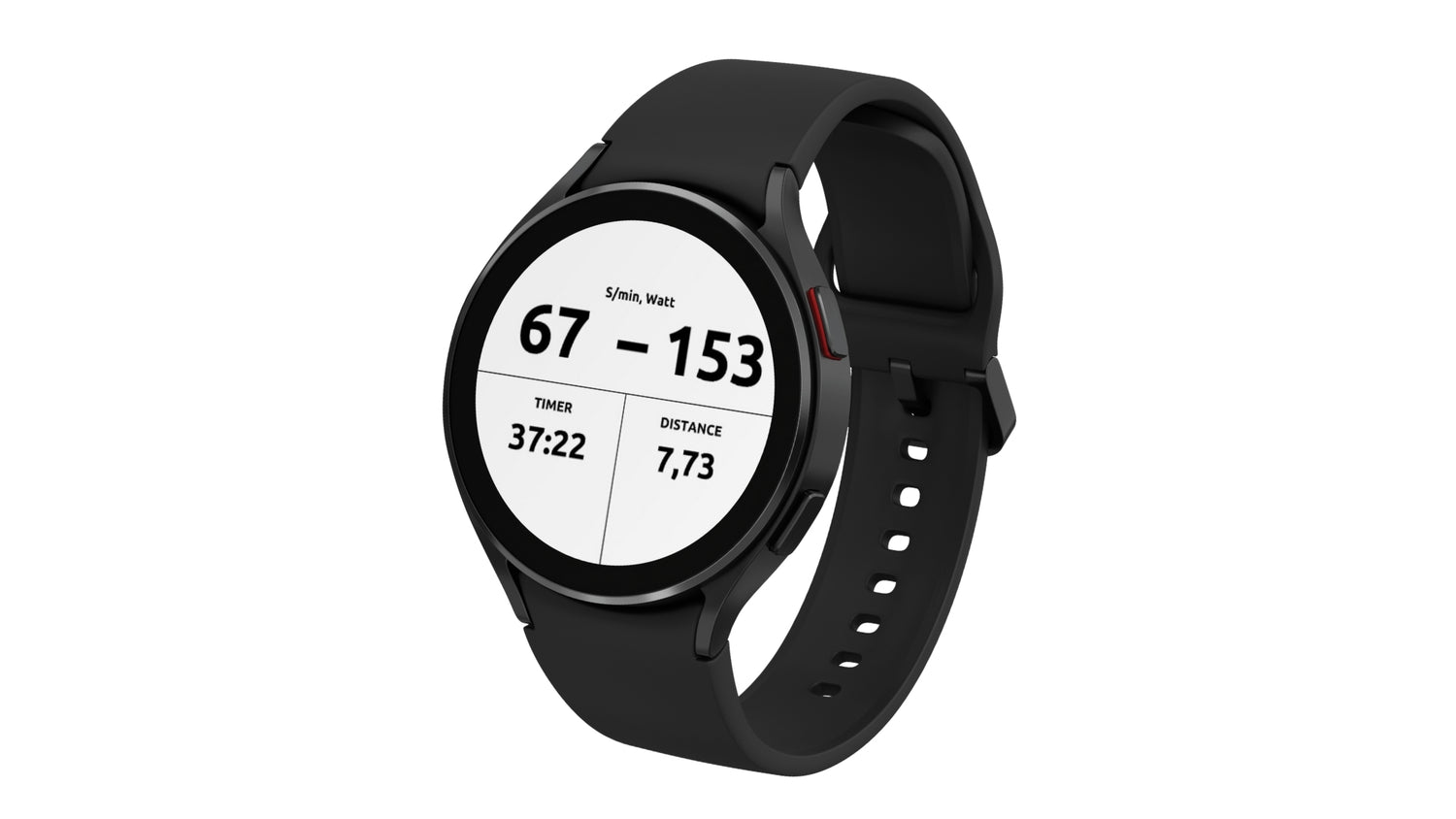 Garmin watch showing an example of how stroke rate and power are displayed.