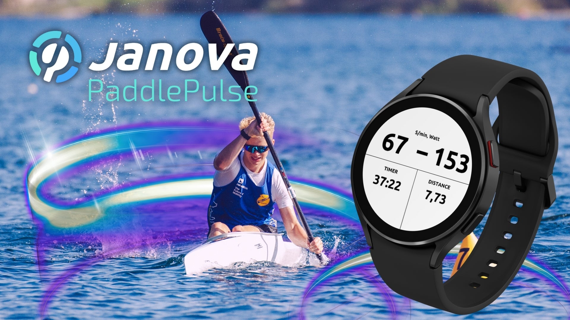 Young kayaker on blue water with Garmin sports watch showing stroke rate and power.