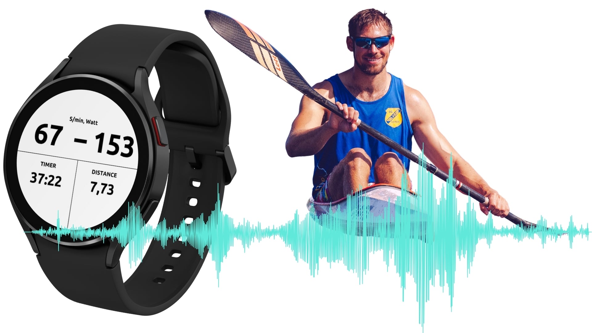 An athlete, a data signal and a sport watch displaying power, stroke rate, distance and a timer.